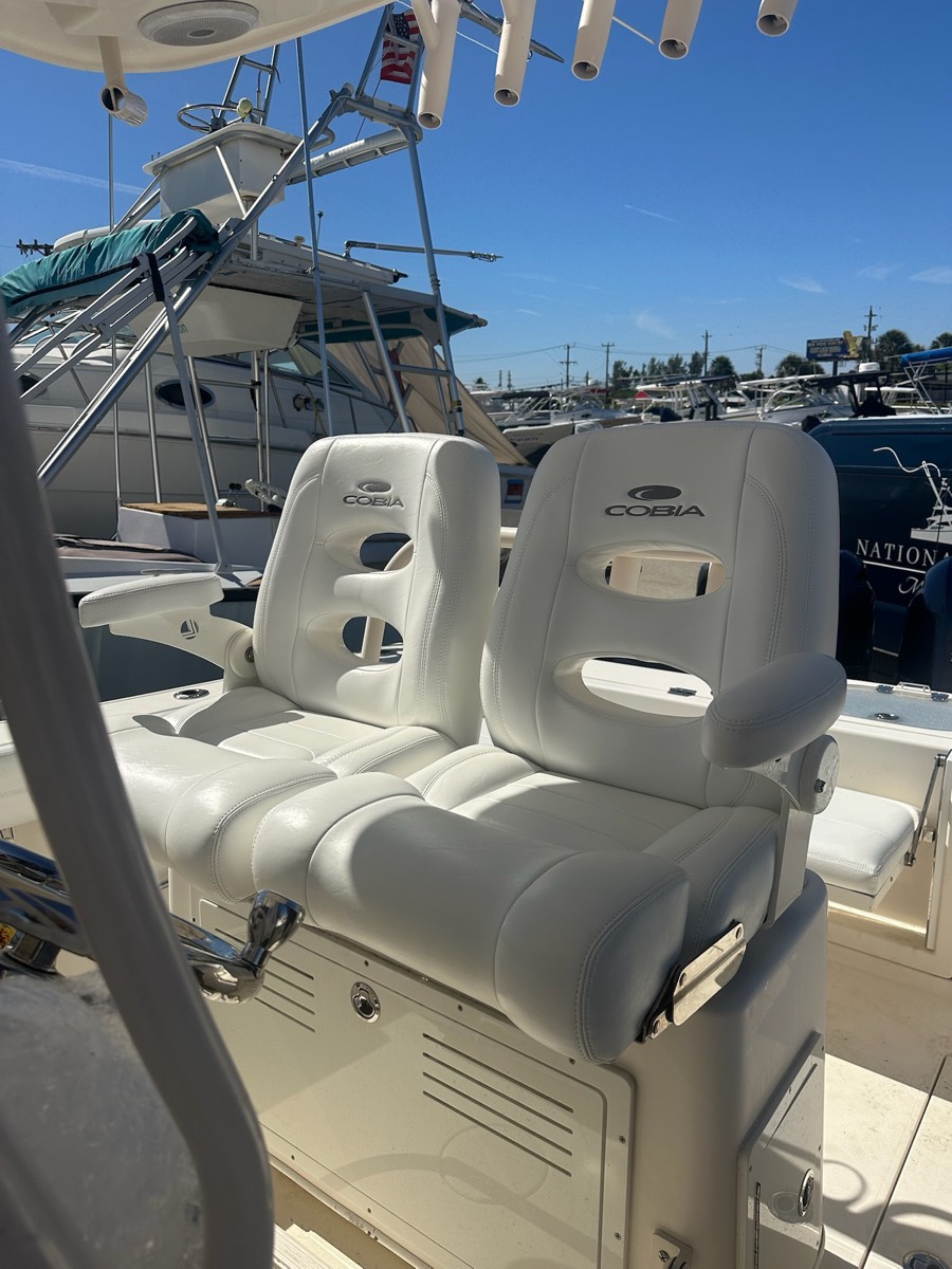 Cobia helm bolster seats rebuilt in marine upholstery