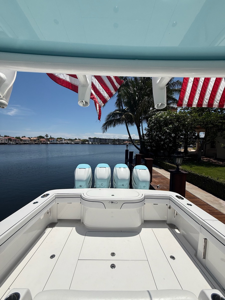 Valhalla V-46 transom bench rebuilt in diamond-stitch marine upholstery