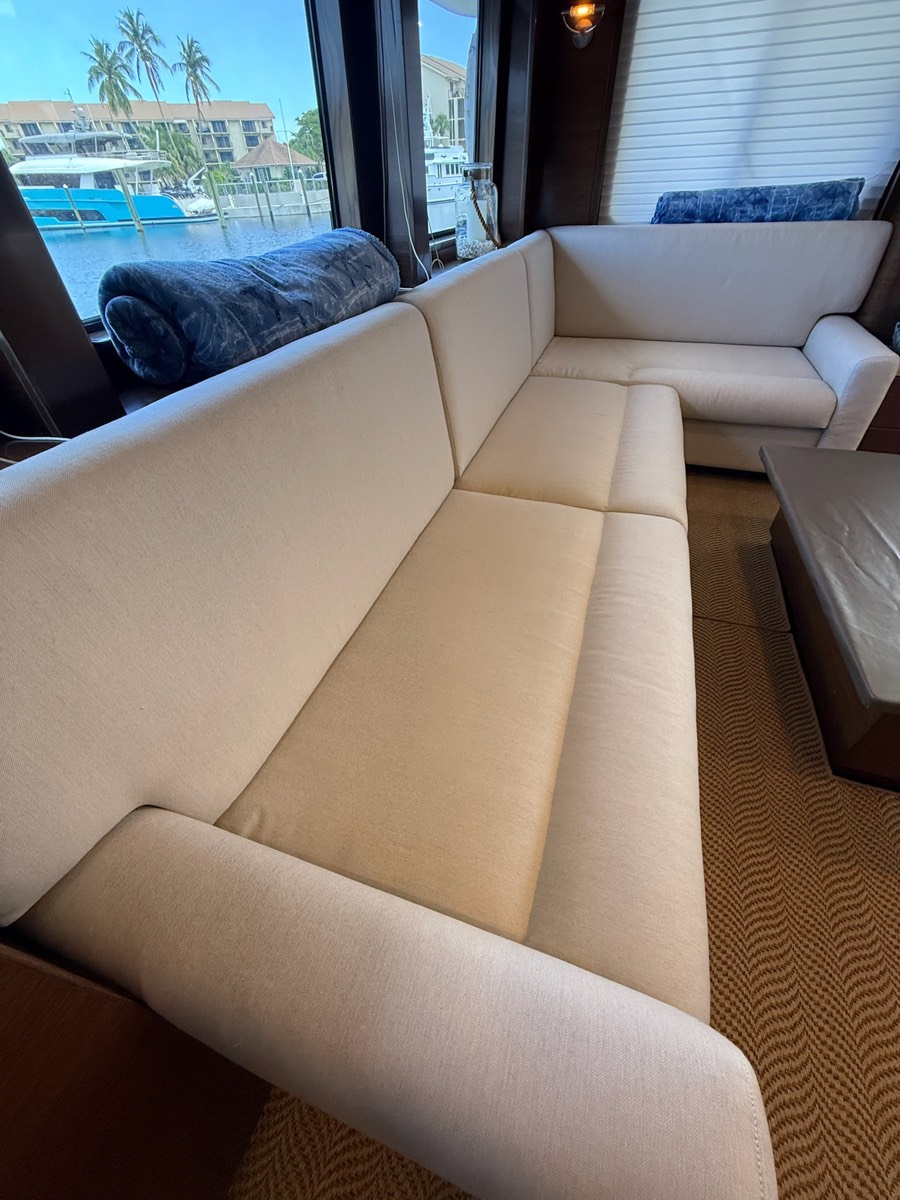 Nordhavn 72 salon settee reupholstered in cream