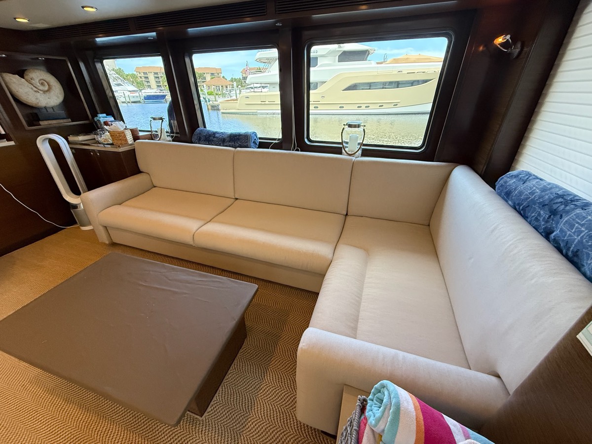 Nordhavn 72 salon seating after a full interior upholstery refit