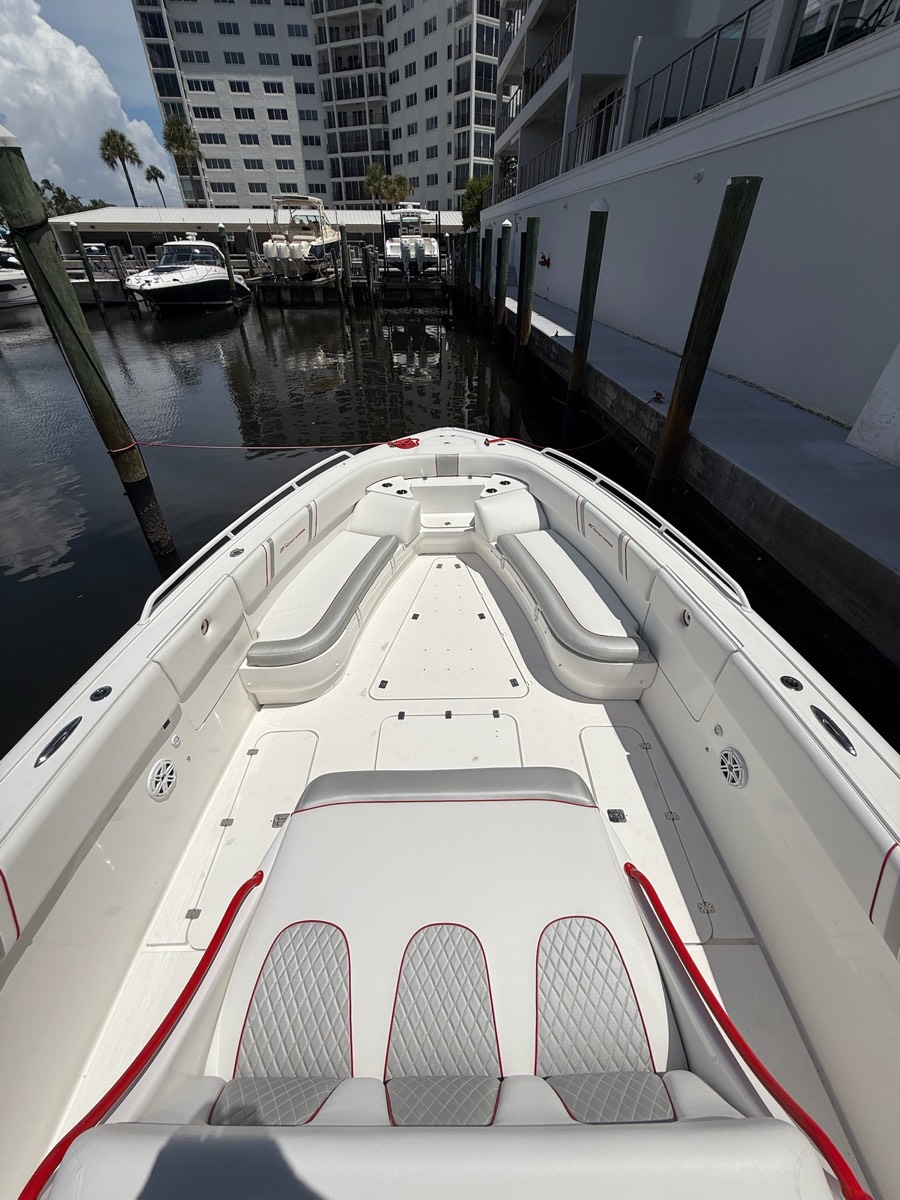 Midnight Express bow seating rebuilt in marine upholstery